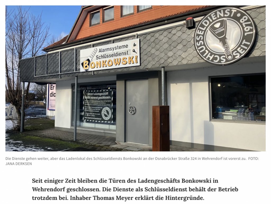 Die Dienste gehen weiter, aber das Ladenlokal des Schlüsseldiensts Bonkowski an der Osnabrücker Straße 324 in Wehrendorf ist vorerst zu.FOTO: JANA DERKSEN